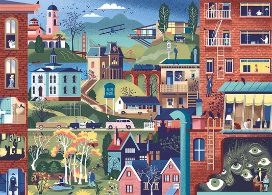 heye 1000-piece jigsaw puzzle  Hitchcock Films depicting hitchcock scenes with many details including buildings, trees, and a person on a ladder.