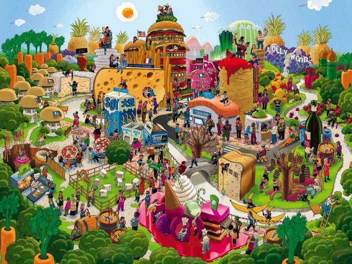 A colorful heye 1500-piece jigsaw puzzle "sugar hills" depicting a whimsical town with cartoon-style characters and vibrant landscapes.