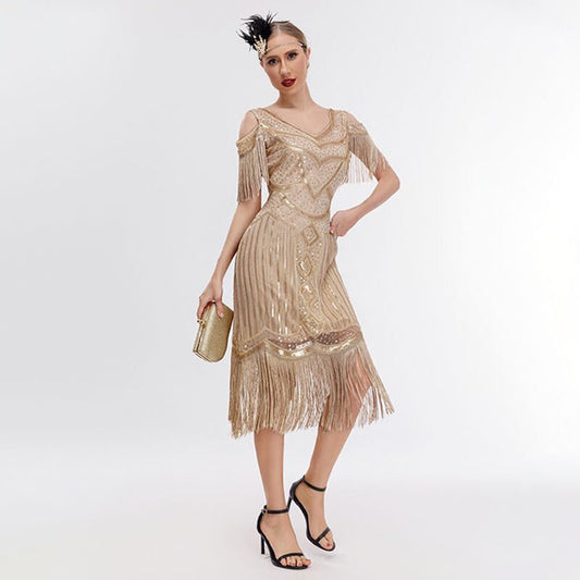 1920s Flapper Dress Vintage Cold Shoulder Fringes Gatsby Dress