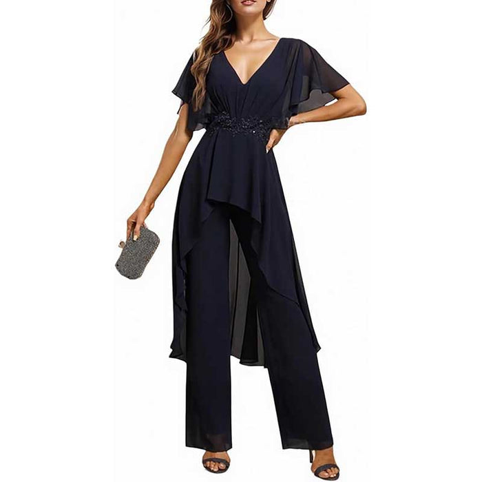 2 Pcs Mother of The Bride Pantsuits for Wedding Chiffon V Neck Formal Outfits with Sleeves