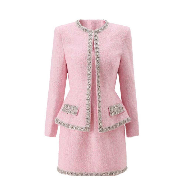 2 Piece Pink Tweed Set Women Elegant Long Sleeve Jacket with Sleeveless Dress Slim Fit Suit