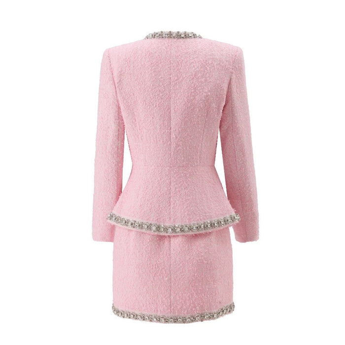 2 Piece Pink Tweed Set Women Elegant Long Sleeve Jacket with Sleeveless Dress Slim Fit Suit
