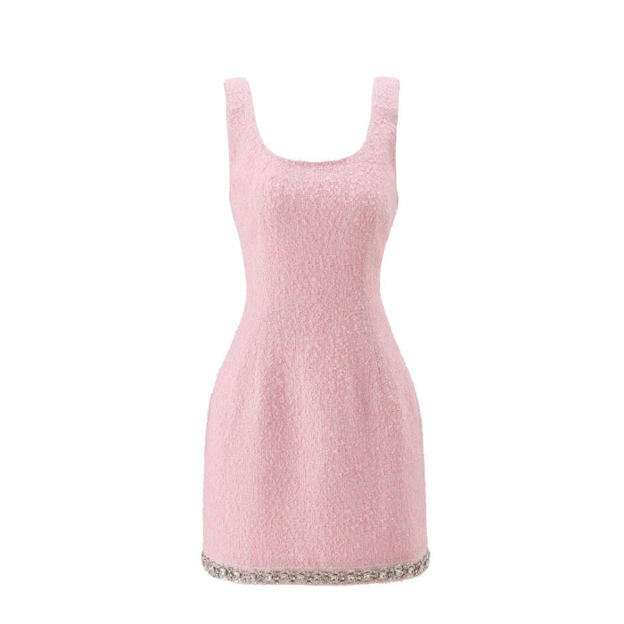 2 Piece Pink Tweed Set Women Elegant Long Sleeve Jacket with Sleeveless Dress Slim Fit Suit