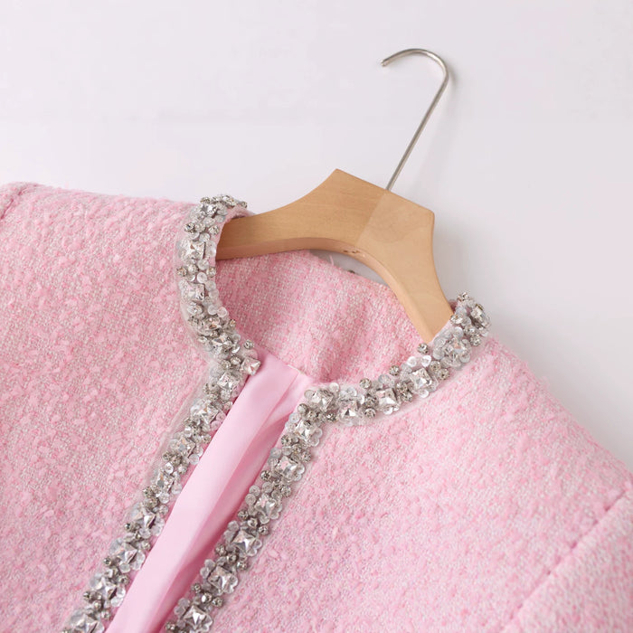 2 Piece Pink Tweed Set Women Elegant Long Sleeve Jacket with Sleeveless Dress Slim Fit Suit