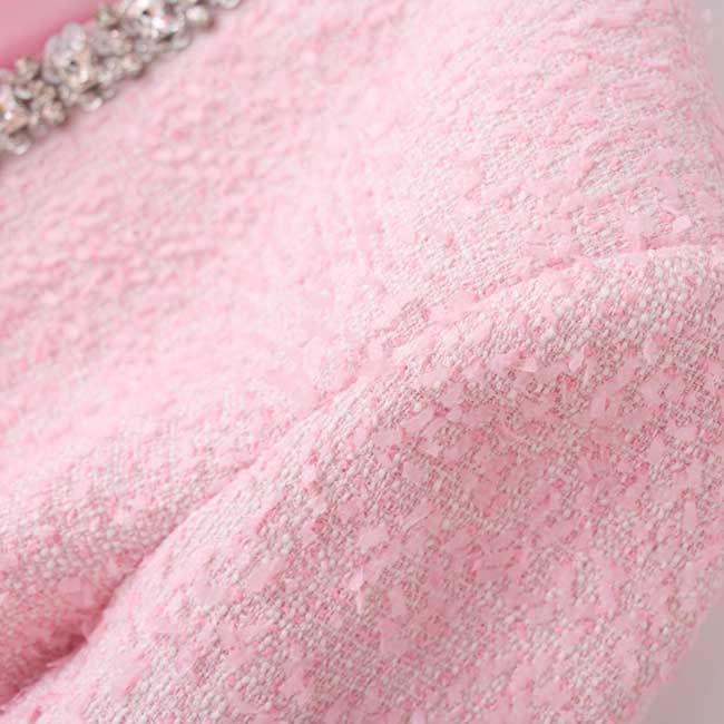 2 Piece Pink Tweed Set Women Elegant Long Sleeve Jacket with Sleeveless Dress Slim Fit Suit