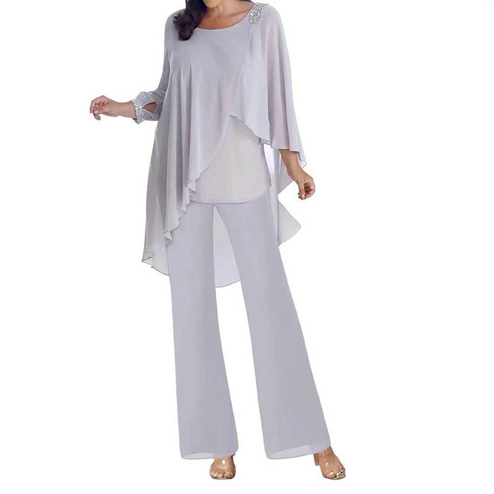 2Pcs Mother of The Bride Pant Suit with Cloak Beaded Formal Evening Outfit Set