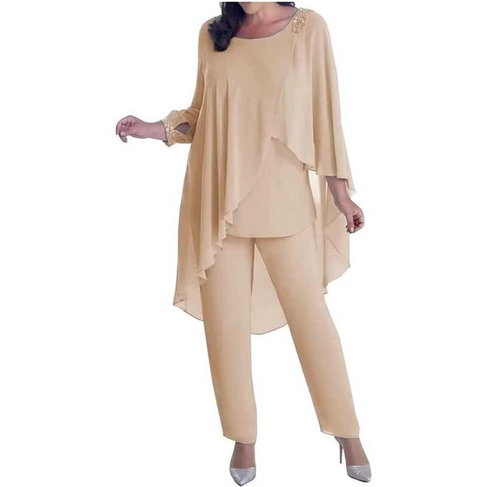 2Pcs Mother of The Bride Pant Suit with Cloak Beaded Formal Evening Outfit Set