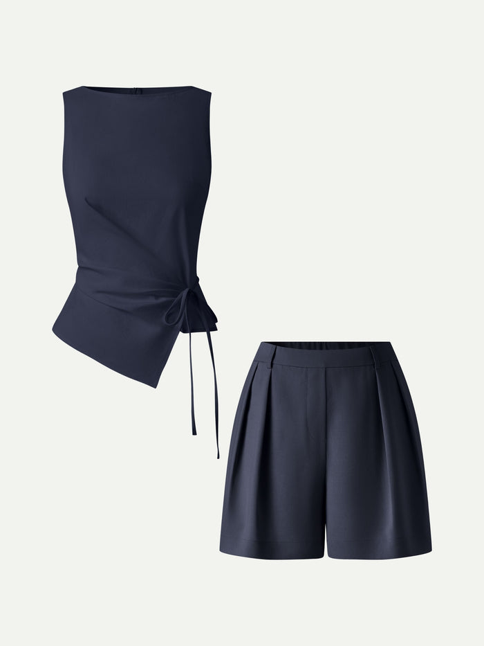 OGLmove 2Pcs Set Boatneck Waist-Defined Top & Tailored Shorts with Pockets