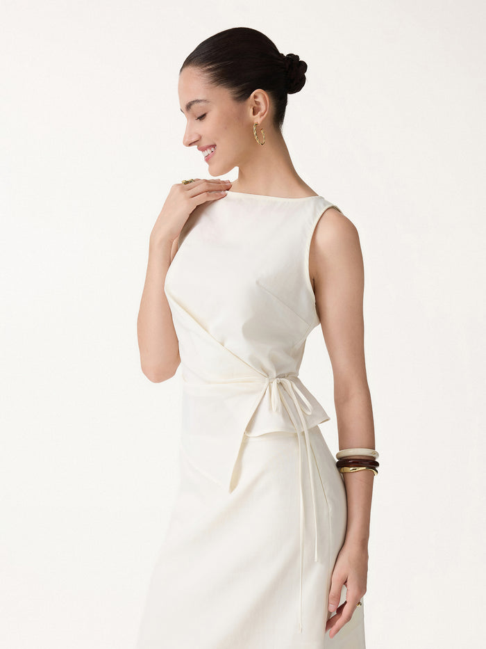 OGLmove Linen-Like Boatneck Waist-Defined Top Eggnog XS