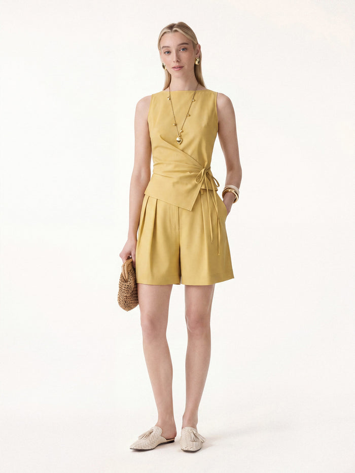 OGLmove 2Pcs Set Boatneck Waist-Defined Top & Tailored Shorts with Pockets Dandelion Yellow XS