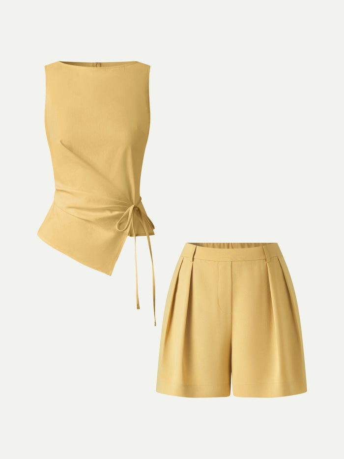 OGLmove 2Pcs Set Boatneck Waist-Defined Top & Tailored Shorts with Pockets