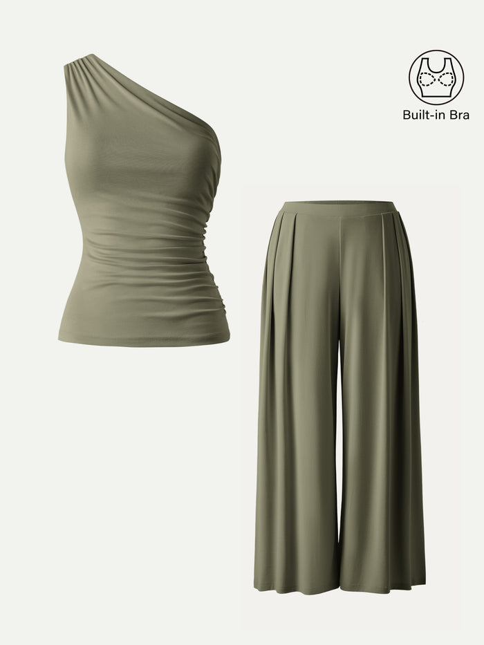 OGLmove 2Pcs Set Petite Wide Leg Palazzo Pant with Pockets & Ruched Bra Tank Olive XS
