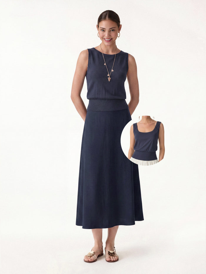 OGLmove 2Pcs Set Reversible Boatneck Top & Maxi Flared Pull-On Skirt Universe Navy XS