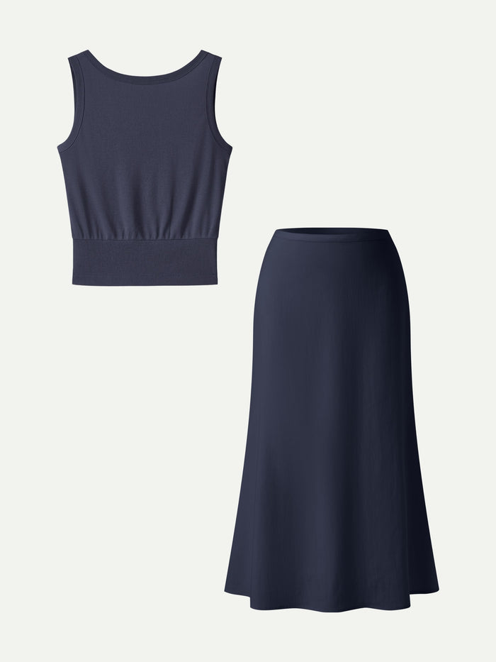 OGLmove 2Pcs Set Reversible Boatneck Top & Maxi Flared Pull-On Skirt