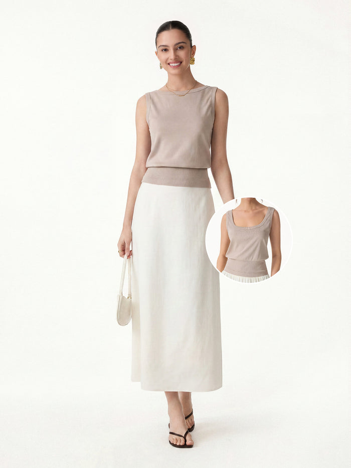 OGLmove 2Pcs Set Reversible Boatneck Top & Maxi Flared Pull-On Skirt Desert Sand Beige/Eggnog XS