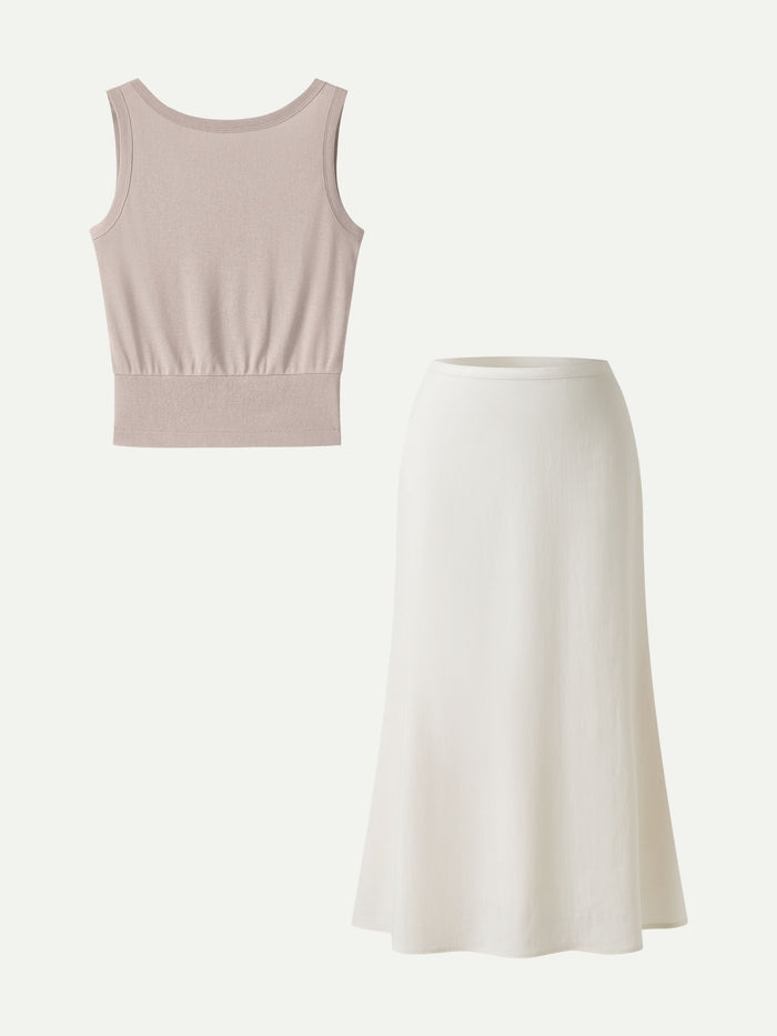 OGLmove 2Pcs Set Reversible Boatneck Top & Maxi Flared Pull-On Skirt