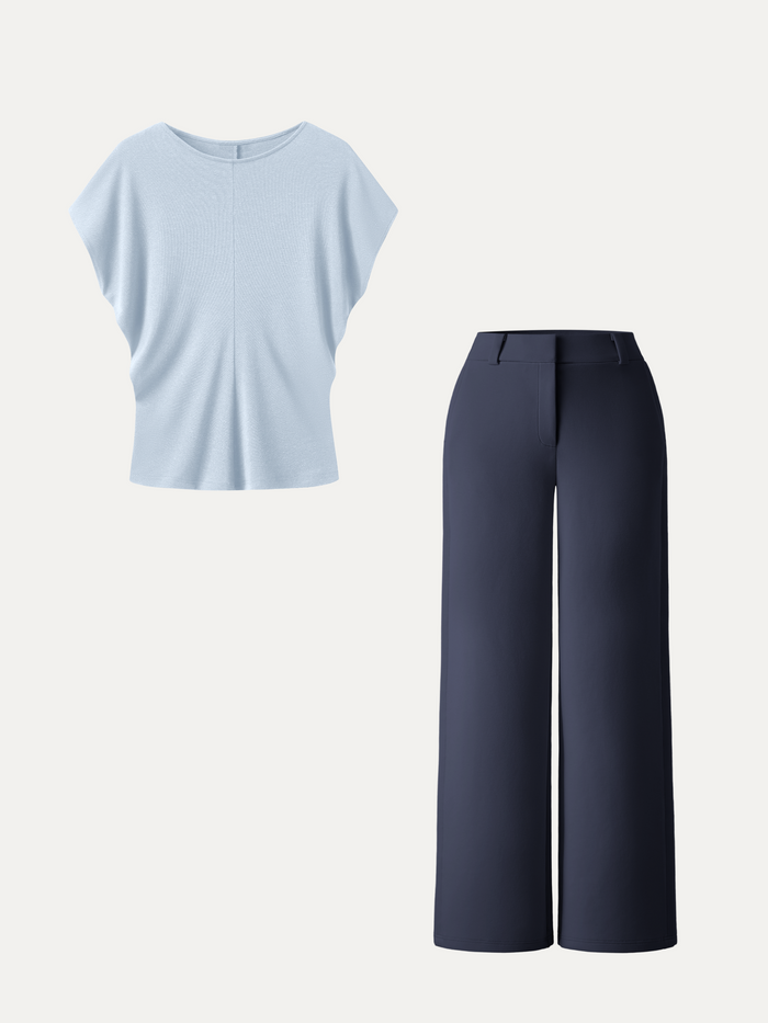 OGLmove 2Pcs Set Round Neck Relaxed Top & Mid Rise Fly-Front Wide Leg Trousers Dew Sky/Light Navy XS
