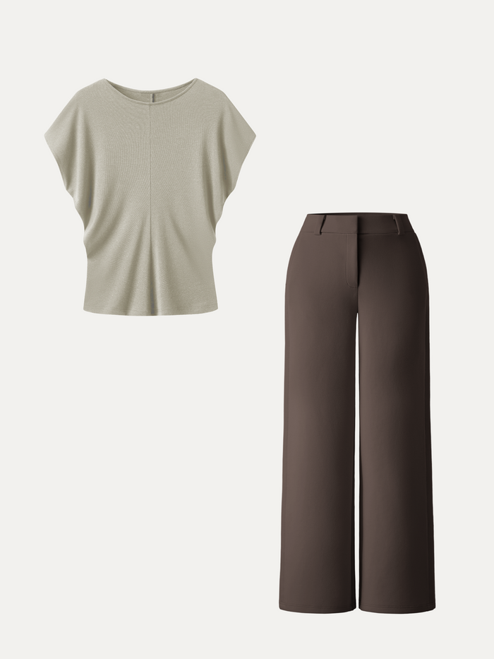 OGLmove 2Pcs Set Round Neck Relaxed Top & Mid Rise Fly-Front Wide Leg Trousers