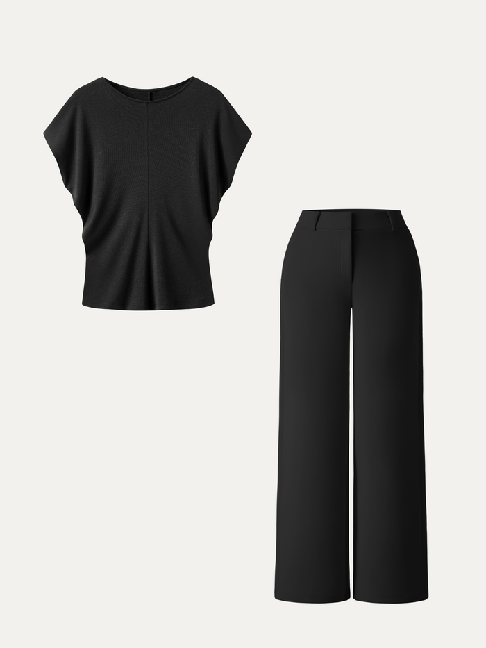 OGLmove 2Pcs Set Round Neck Relaxed Top & Mid Rise Fly-Front Wide Leg Trousers