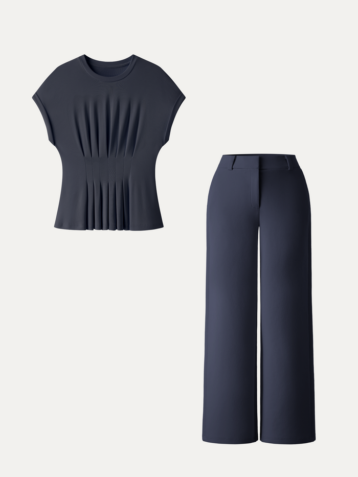 OGLmove 2Pcs Set Round Neck Tee & Mid Rise Fly-Front Wide Leg Trousers Deep Navy/Light Navy XS