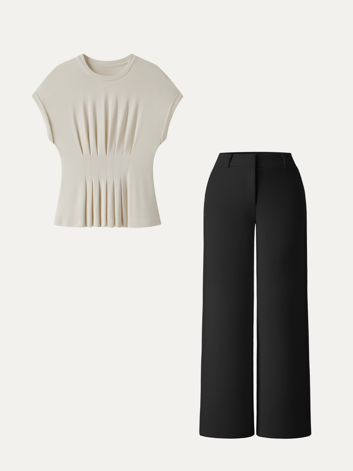 OGLmove 2Pcs Set Round Neck Tee & Mid Rise Fly-Front Wide Leg Trousers