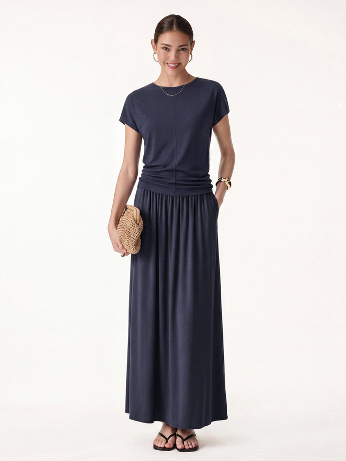 OGLmove 2Pcs Set Round Neck Top & A-Line Maxi Skirt Smoky Navy XS