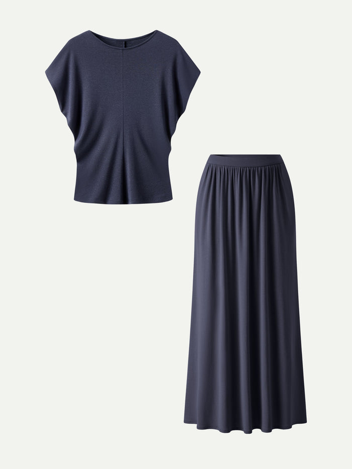 OGLmove 2Pcs Set Round Neck Top & A-Line Maxi Skirt