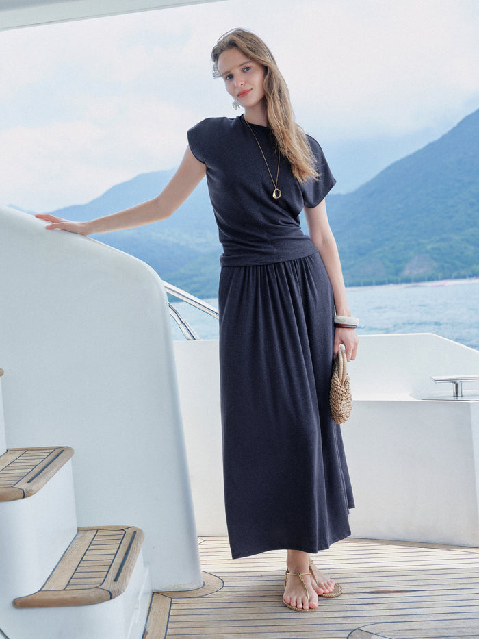 OGLmove 2Pcs Set Round Neck Top & A-Line Maxi Skirt