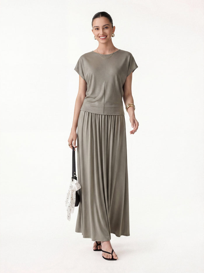 OGLmove 2Pcs Set Round Neck Top & A-Line Maxi Skirt