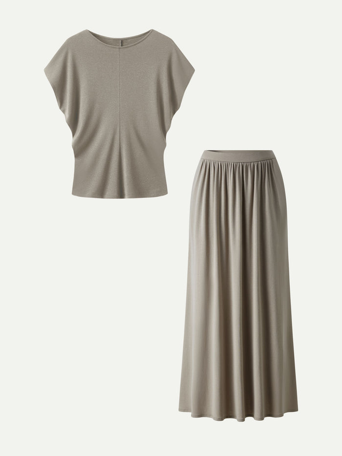 OGLmove 2Pcs Set Round Neck Top & A-Line Maxi Skirt