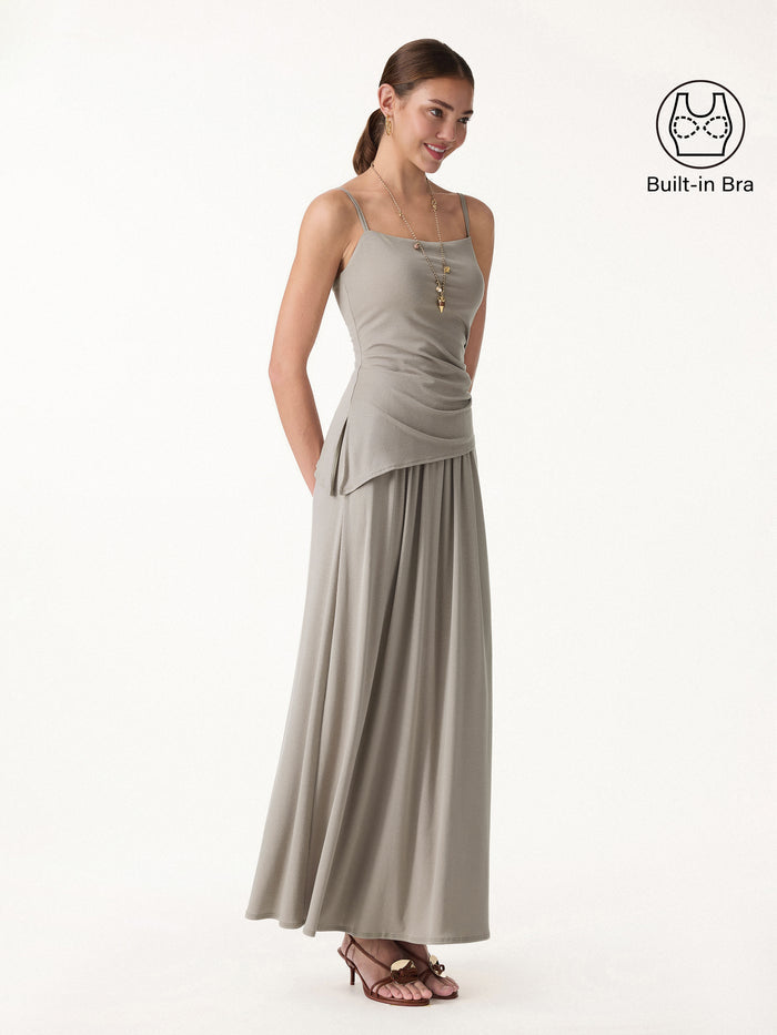 OGLmove 2Pcs Set Spaghetti Bra Top with Side Slit & A-Line Maxi Skirt with Pockets Dark Alabaster XS