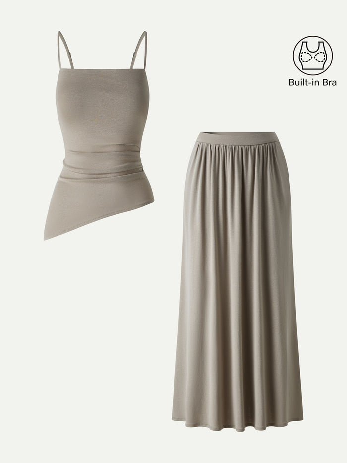 OGLmove 2Pcs Set Spaghetti Bra Top with Side Slit & A-Line Maxi Skirt with Pockets