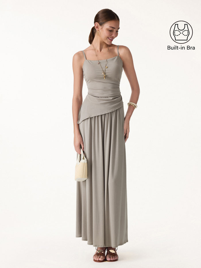 OGLmove 2Pcs Set Spaghetti Bra Top with Side Slit & A-Line Maxi Skirt with Pockets