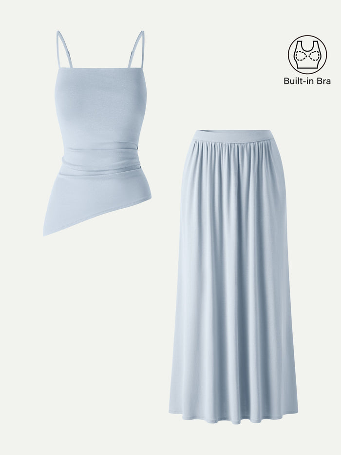 OGLmove 2Pcs Set Spaghetti Bra Top with Side Slit & A-Line Maxi Skirt with Pockets Dew Sky XS