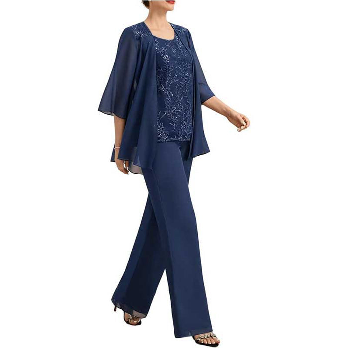 3 Pcs Mother of The Bride Pantsuits Jacketed Lace Applique Formal Pant Suit with Sleeves