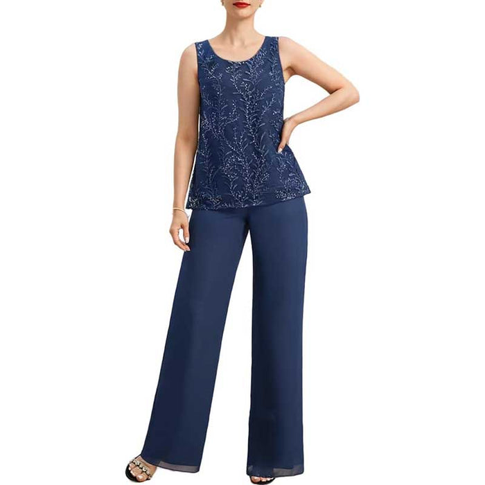 3 Pcs Mother of The Bride Pantsuits Jacketed Lace Applique Formal Pant Suit with Sleeves
