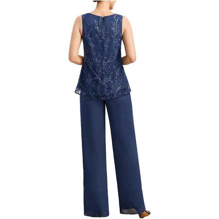 3 Pcs Mother of The Bride Pantsuits Jacketed Lace Applique Formal Pant Suit with Sleeves