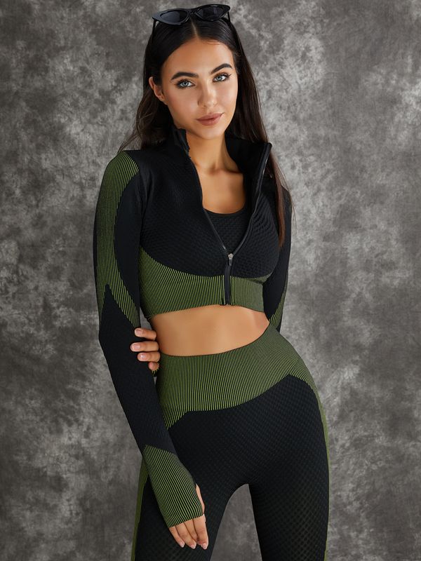 3 Pieces Long Sleeve Zippers Fitness Suit
