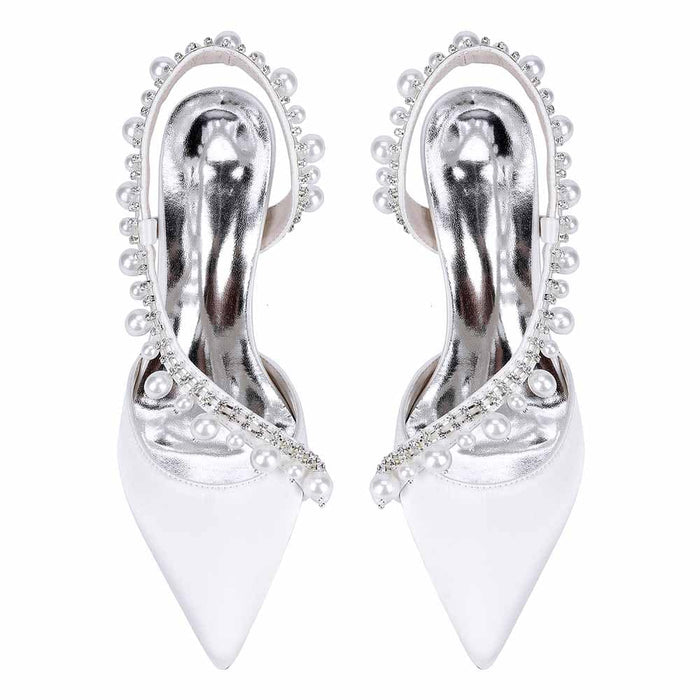 3.35" Cross Pearls Strap Wedding Shoes Satin Bridal Heels