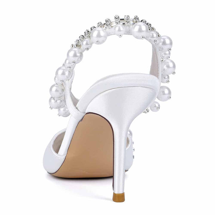 3.35" Cross Pearls Strap Wedding Shoes Satin Bridal Heels