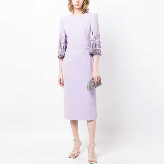3/4 Sleeve Round-Neck Midi Dresses Tailored Formal Dress