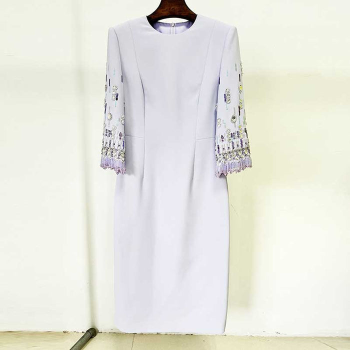 3/4 Sleeve Round-Neck Midi Dresses Tailored Formal Dress
