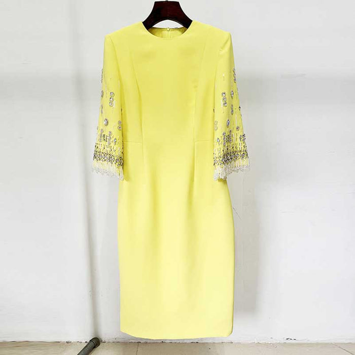 3/4 Sleeve Round-Neck Midi Dresses Tailored Formal Dress