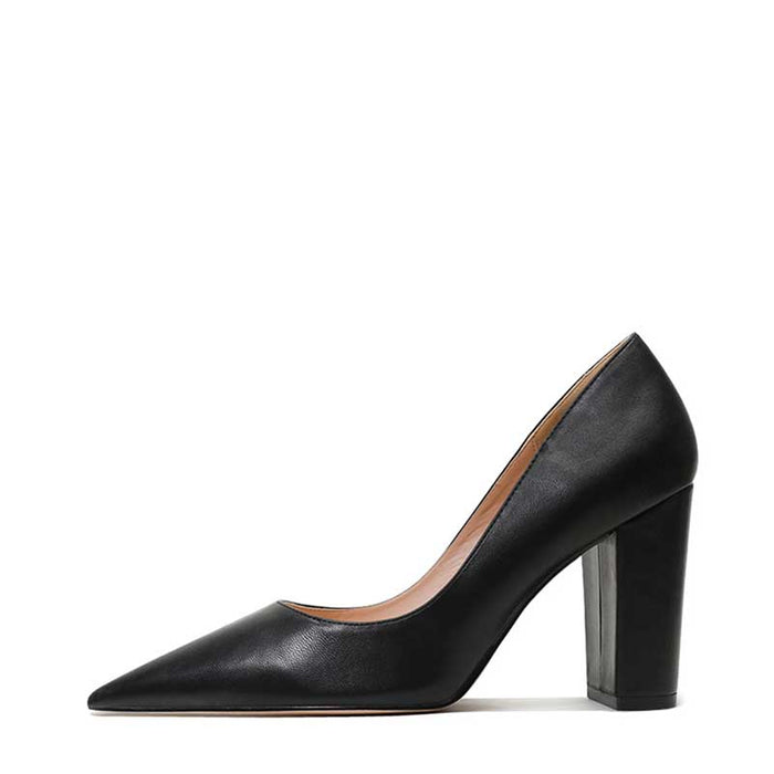 Elegant black 3.54 inch bridesmaid heels with a pointed toe and block heel design for formal occasions