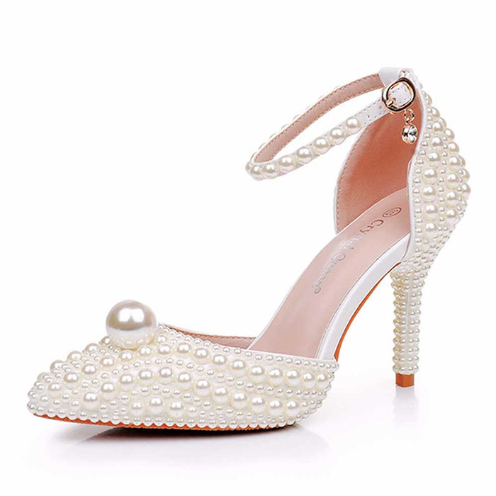 3.74" Closed Toe Wedding Shoes Pearl Bridal Shoes Prom Heels
