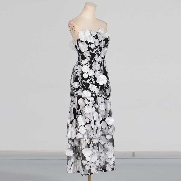 3D Floral Flower Strapless Midi Dress