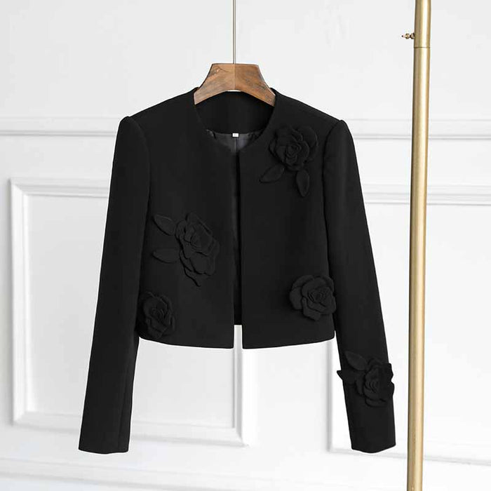 3D Flower Embellished Cardigan Black Double Crepe Jacket Short Coat