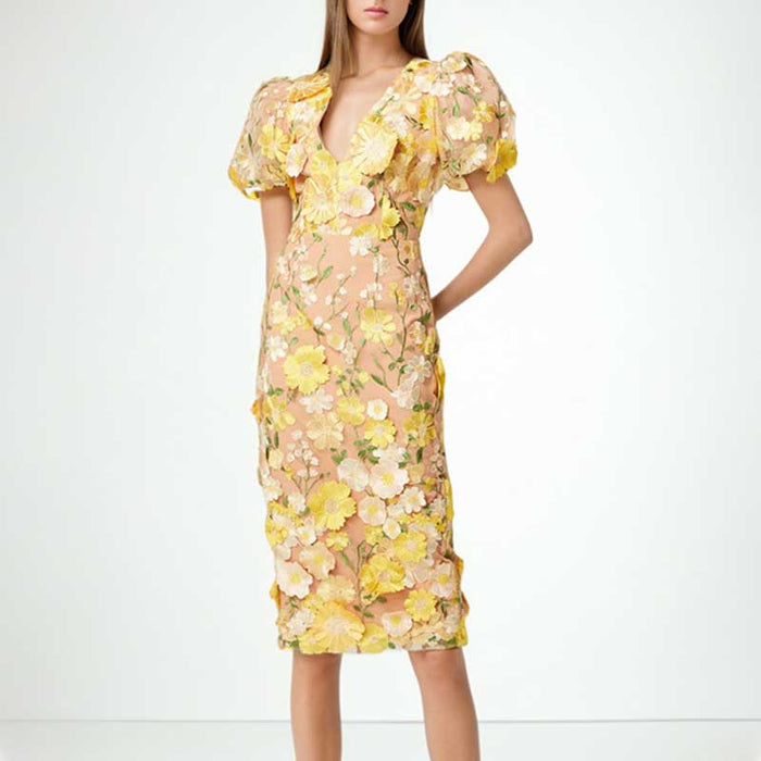 3D Flower Midi Dress Puff Sleeve Embroidered Midi Length Dress