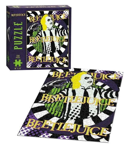 A puzzle piece featuring the character Beetlejuice from the movie with a multicolored outfit and a sandworm background, indicating it is part of a Beetlejuice themed puzzle set.