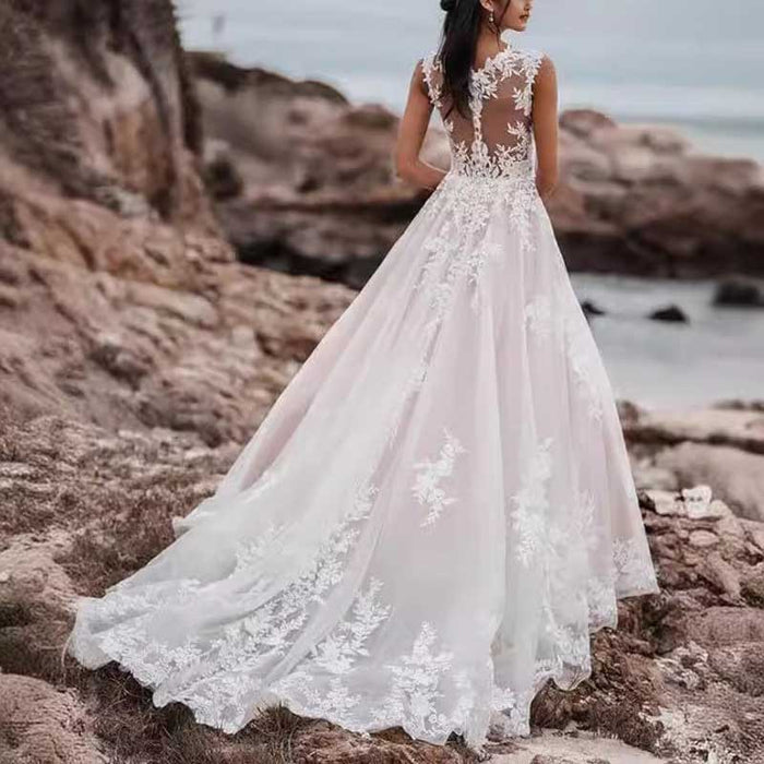A-Line Square-Neck Wedding Dress With Sweep Train Lace Appliqued Bridal Dress